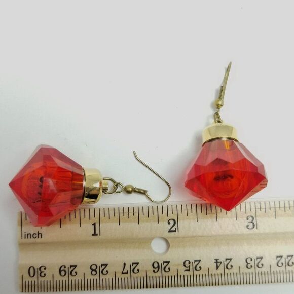 Vintage Bright Red Dangle Earrings, Christmas Ornament Style Shape, Plastic - Picture 3 of 6